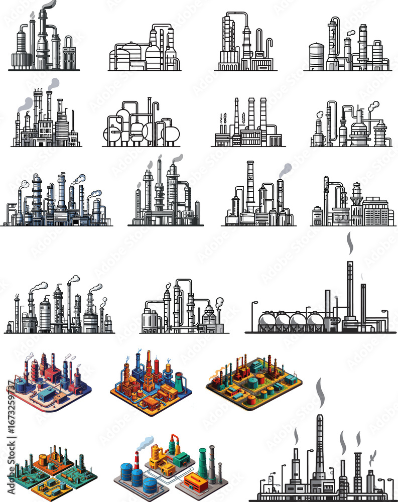 Naklejka premium set of oil refinery factory vector