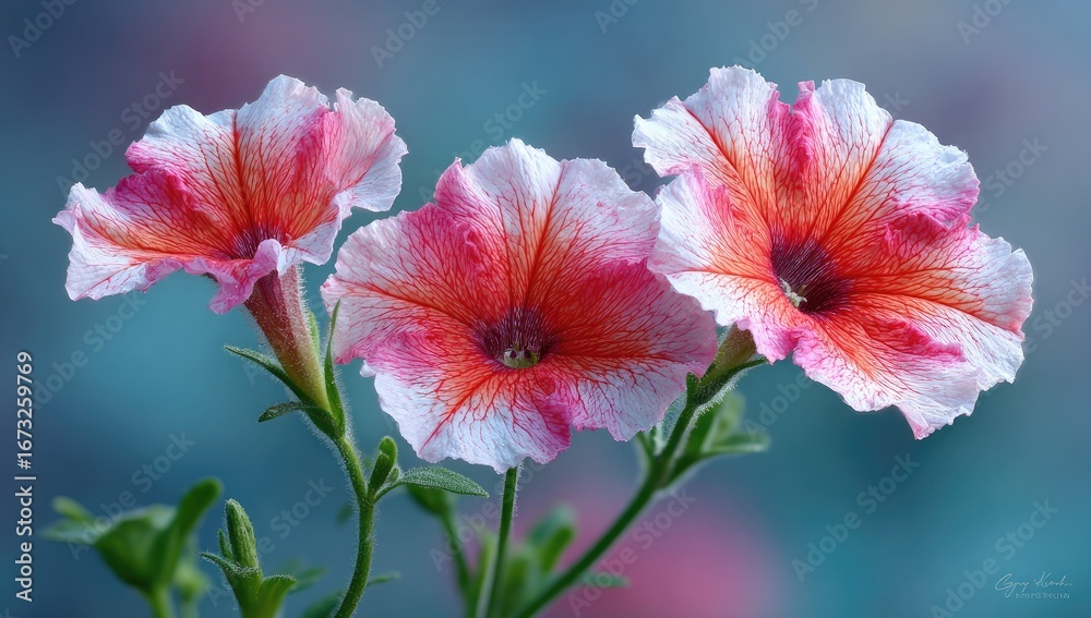 Fototapeta premium Three vibrant, pink-and-white flowers with ruffled petals against a blurred background