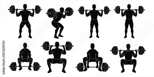 Silhouette set of weightlifting exercises with barbells and dumbbells fitness strength training