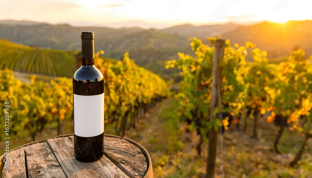 Fototapeta premium Wine bottle at sunset in a vineyard, a rustic scene of tuscan countryside charm