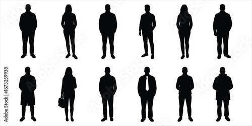 Silhouettes of people in casual and business attire on white woman