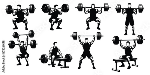 Silhouettes of weightlifters performing various strength training exercises weightlifting fitness