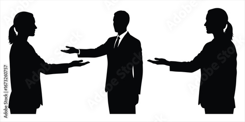 Three business silhouettes in discussion with outstretched hands on white background people meeting