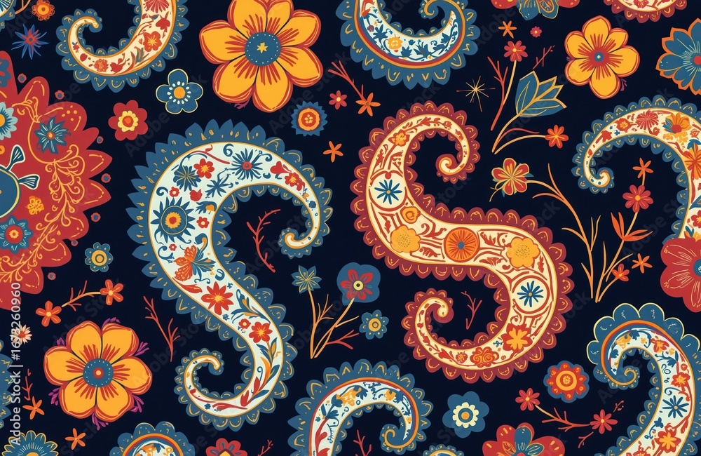 Fototapeta premium Vibrant illustration features bold paisley pattern with contrasting colors. Intricate floral, leaf motifs form swirling curves on dark background. Eye-catching design perfect for textiles, wallpaper,