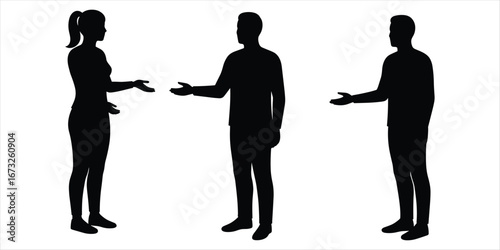 Three Silhouetted People in Conversation on White Background discussion communication