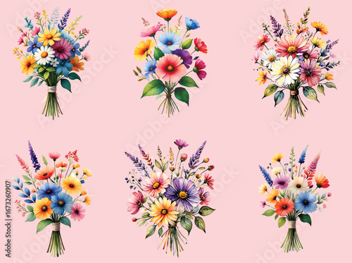 set of flower bouquet isolated on pink background