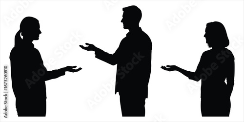 Three Silhouetted People in Conversation on White Background discussion communication