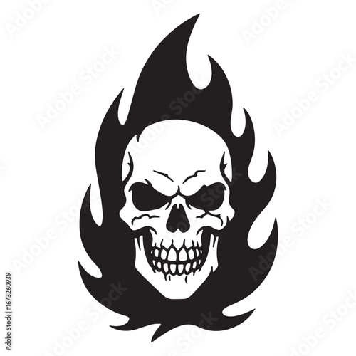 Sinister skull engulfed in flames, a stark black and white illustration, evoking themes of danger, death, and fiery intensity for dynamic visual impact