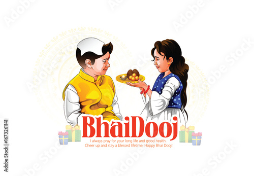 Illustration featuring a brother and sister celebrating Bhai Dooj with festive traditions, showcasing family bonding and cultural warmth.