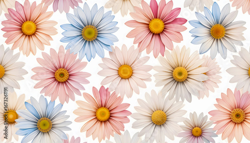 Modern and stylish repeating design with watercolor daisies in a gentle, artistic style.