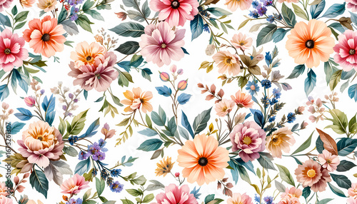 A repeating botanical print with hand-painted watercolor florals in a soft, elegant style.