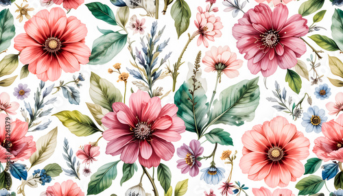 Digital illustration of a seamless floral pattern with stylized blossoms and leaves.