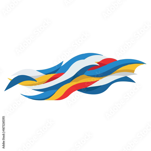 Dynamic abstract banner of flowing colorful wavy ribbons. Conceptual fluid motion illustration with red, blue, and yellow stripes on a white background