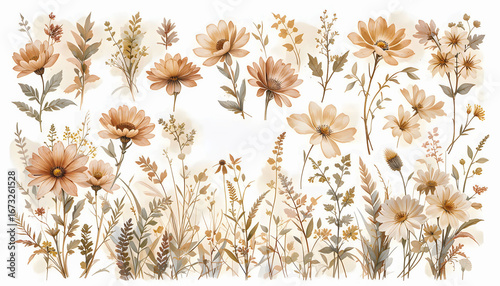 An elegant and delicate botanical collection with hand-painted watercolor florals and foliage.
