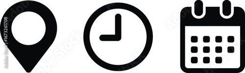 Location, time, and calendar icon set in black, flat style symbols for schedule, event, map, reminder, date, planning UI