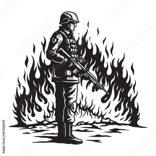 A lone soldier stands tall amidst the flames of war, a symbol of courage, resilience, and the enduring spirit of those who serve their countries with unwavering devotion. eps (18)