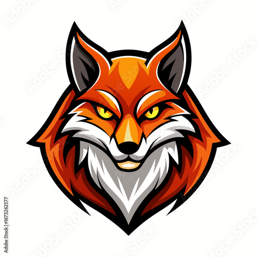 A stylized image of a sly fox's face, perfect for logos, branding, or graphic designs. Illustrating a striking orange and white color palette and the cunning eyes of the fox. Generative AI