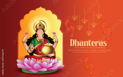 Dhanteras with this vibrant design featuring a kalash, lotus flower, gold coins, and decorative patterns on a rich red and yellow background symbolizing prosperity and blessings.