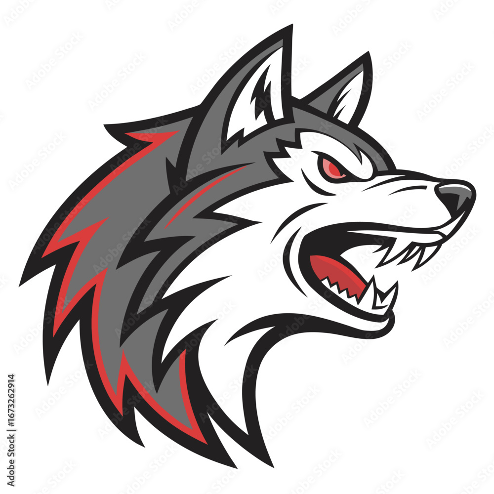 Obraz premium A stylized illustration of a wolf's head, showcasing its fierce expression and powerful features. Generative AI