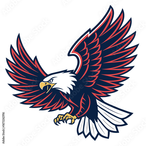 An American eagle, a symbol of freedom and strength, soars with powerful wings outstretched against the backdrop of limitless skies, embodying national pride and liberty. Generative AI