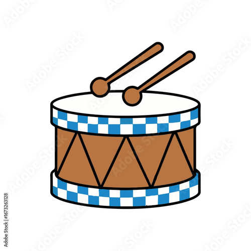 An illustration of a drum and drumsticks, a simple and classic percussion instrument for musical practice and performance