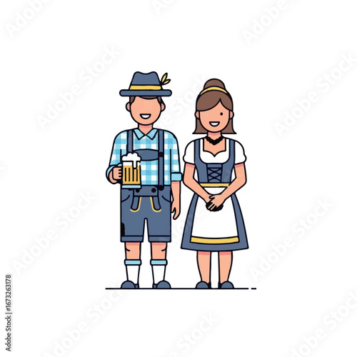 Bavarian Couple in Traditional Attire Holding a Beer Mug, Celebrating Oktoberfest