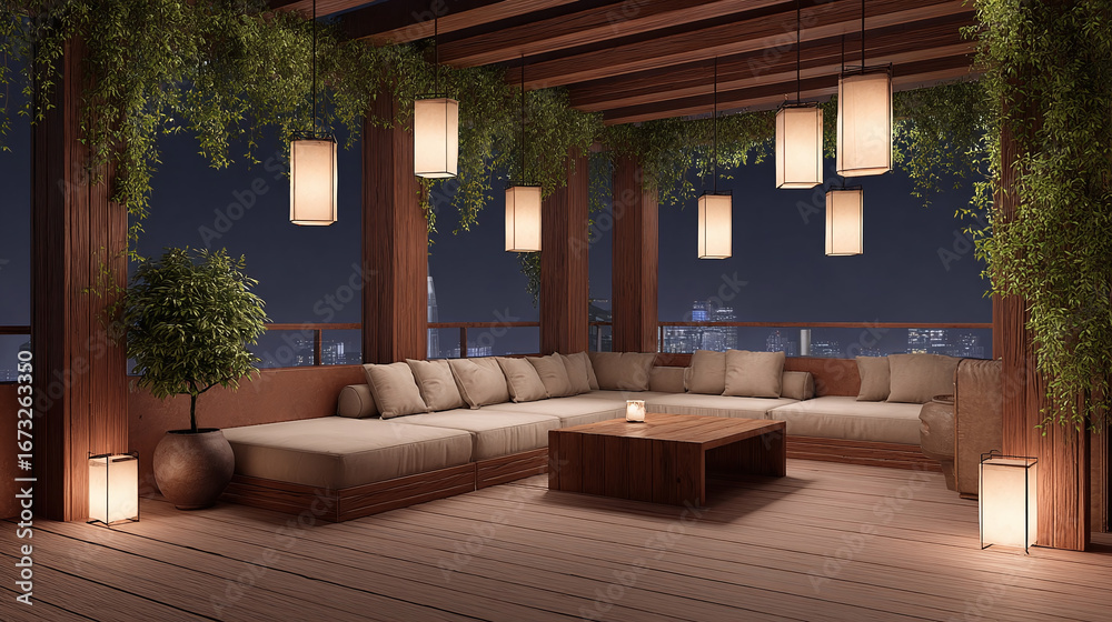 Fototapeta premium Urban Rooftop Patio at Night - Modern Design