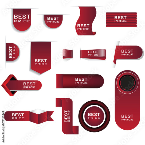 Collection of red "Best Price" labels, tags, and banners. This vector set includes various ribbon and sticker designs, ideal for sales, retail promotions, e-commerce offers, and discounts. Isolated.