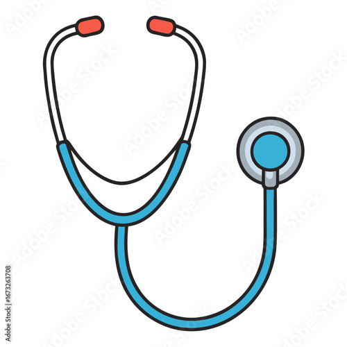 An illustration of a stethoscope, medical tool of a healthcare professional. The bright blue stethoscope represents health and care.  Generative AI