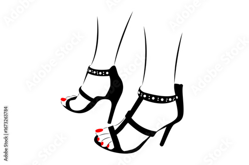 Beautiful woman feet with heels and red nails line drawing isolated on white background - vector illustration
