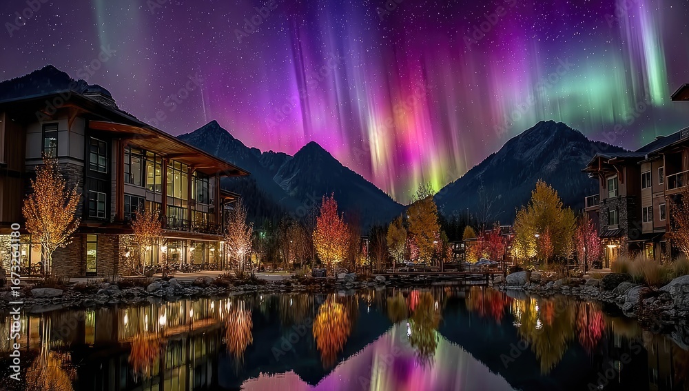 Fototapeta premium Aurora Borealis Over Lakeside Buildings