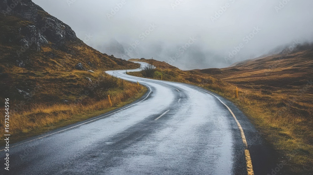 Fototapeta premium Scenic Winding Road Through Misty Mountains Autumn Landscape Travel way fog sky wet path trip view