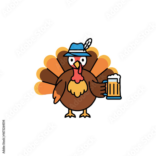 Funny Thanksgiving turkey mascot dressed in a traditional German Bavarian hat holding a frothy beer mug