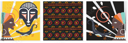  A triptych of contemporary African art, featuring a woman's profile, a striking tribal mask, and abstract patterns. The panels are in a bold, colorful, modern flat-vector style.
