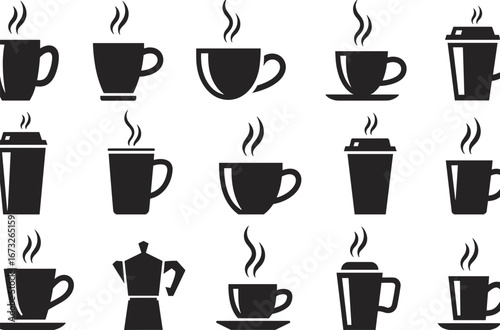 Black and white coffee cup icons set, steaming mug silhouettes, espresso and latte cups, takeaway coffee, cafe symbol illustration
