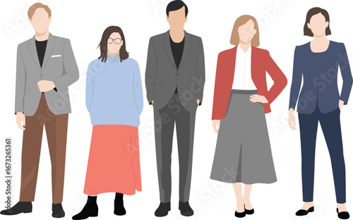 Business team illustration, diverse professionals, corporate people standing, flat design characters, modern office workers, vector artwork, minimalistic, teamwork concept