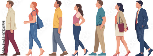 Casual diverse group of people standing together, community concept, modern fashion, relaxed team, multicultural illustration for lifestyle and teamwork