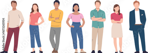 Casual diverse group of people standing together, community concept, modern fashion, relaxed team, multicultural illustration for lifestyle and teamwork