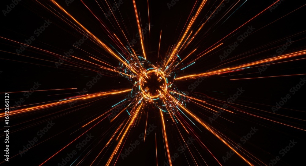 Fototapeta premium Abstract Orange Light Streaks Radiating from a Central Ring on Black Background