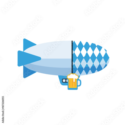 Whimsical blimp adorned with a traditional Bavarian diamond pattern, prominently featuring a frothy beer mug, symbolizing festive celebrations and high-flying good times