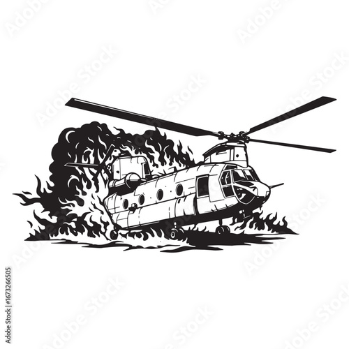 Dramatic depiction of a helicopter engulfed in a fiery crash, an intense moment captured in a bold, dynamic vector graphic ready for design projects and compelling visual storytelling