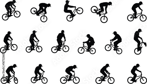 Silhouette BMX rider icon set, bicycle stunt poses, extreme sports illustration, cycling tricks, urban freestyle bike action, sport vector design