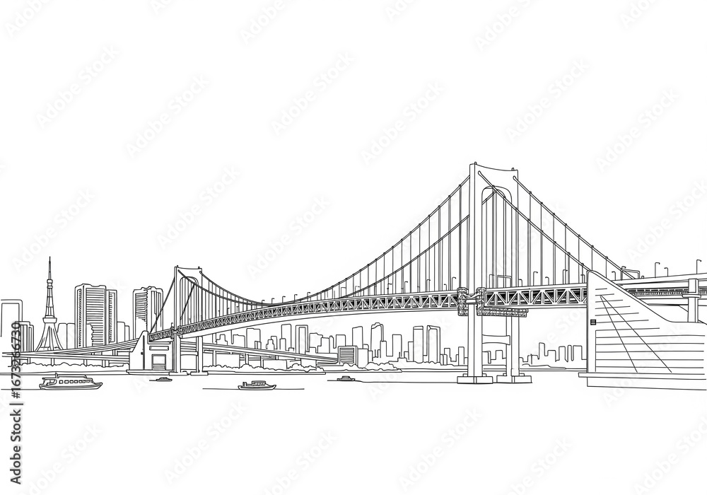 Fototapeta premium Rainbow Bridge (レインボーブリッジ) in Japan one line drawing style