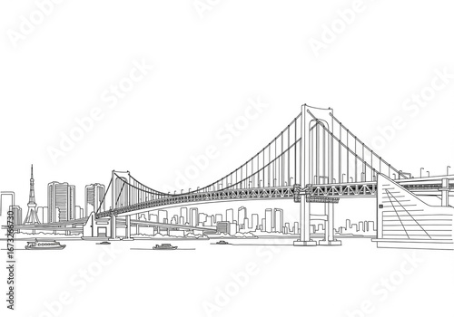 Rainbow Bridge (レインボーブリッジ) in Japan one line drawing style