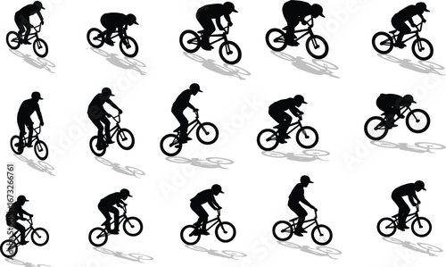 Silhouette BMX rider icon set, bicycle stunt poses, extreme sports illustration, cycling tricks, urban freestyle bike action, sport vector design
