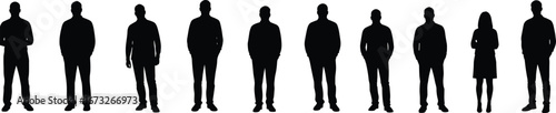 Silhouette business people standing, professional group vector, team illustration, black outline figures, modern corporate concept, isolated white background, minimal
