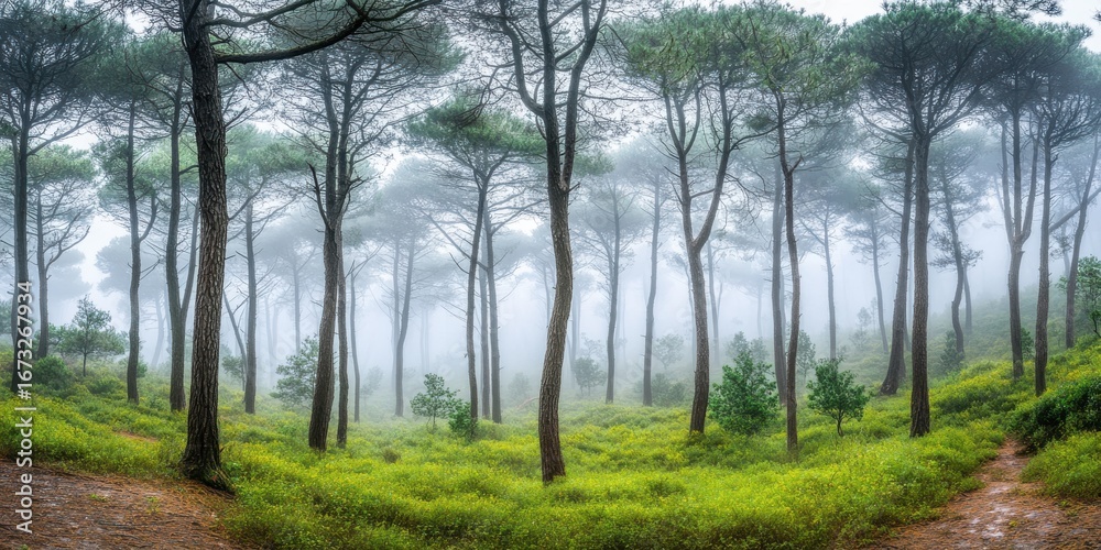 Naklejka premium Misty Pine Forest Tranquil Nature Scene Serene Green Landscape Peaceful Woods Scenic View