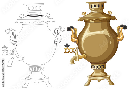 Traditional Russian Samovar Vector Illustration Side by Side