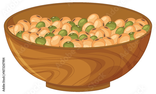 Wooden Bowl Filled with Soybeans and Green Peas