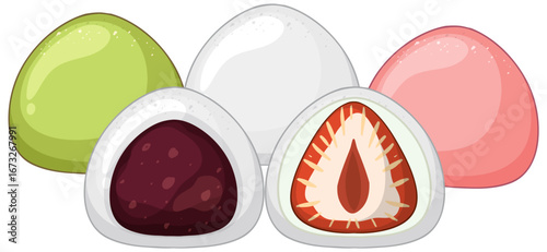 Colorful Japanese Mochi with Red Bean and Strawberry Filling